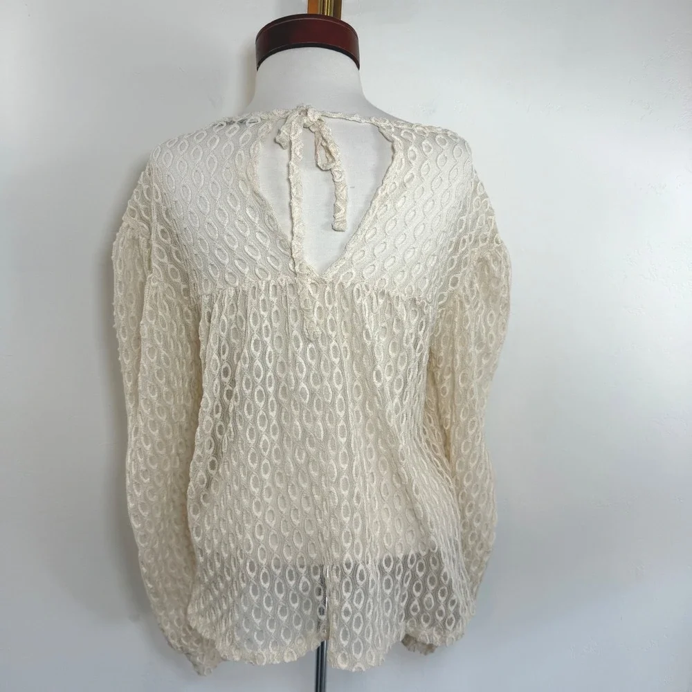 Zara Lace Blouse Cream Puff Sleeve Sheer‎ Textured Boho Peasant Coquette Top S